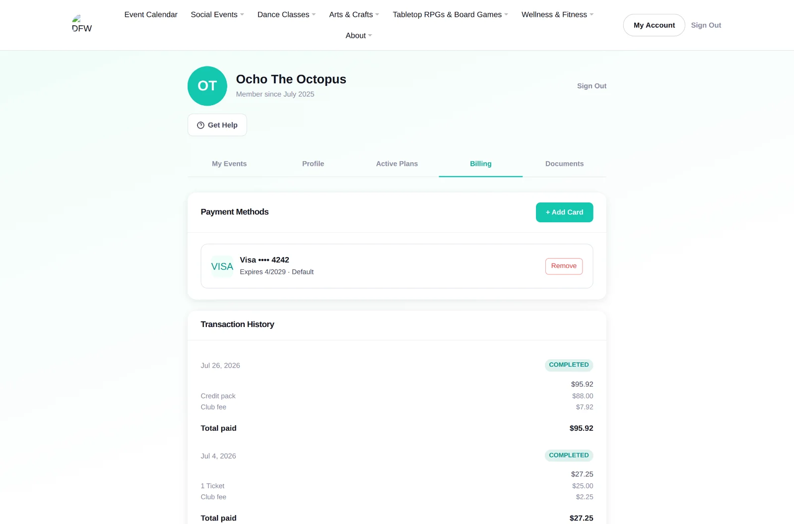 The Billing tab, listing past purchases and the saved payment method.