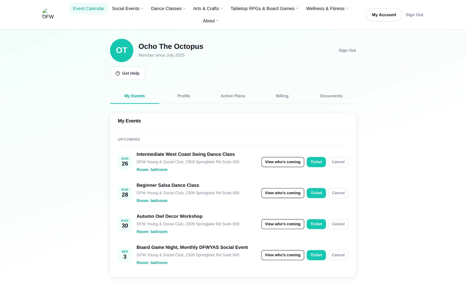 The My Events tab of the account page, listing four upcoming bookings with their dates, rooms and controls.