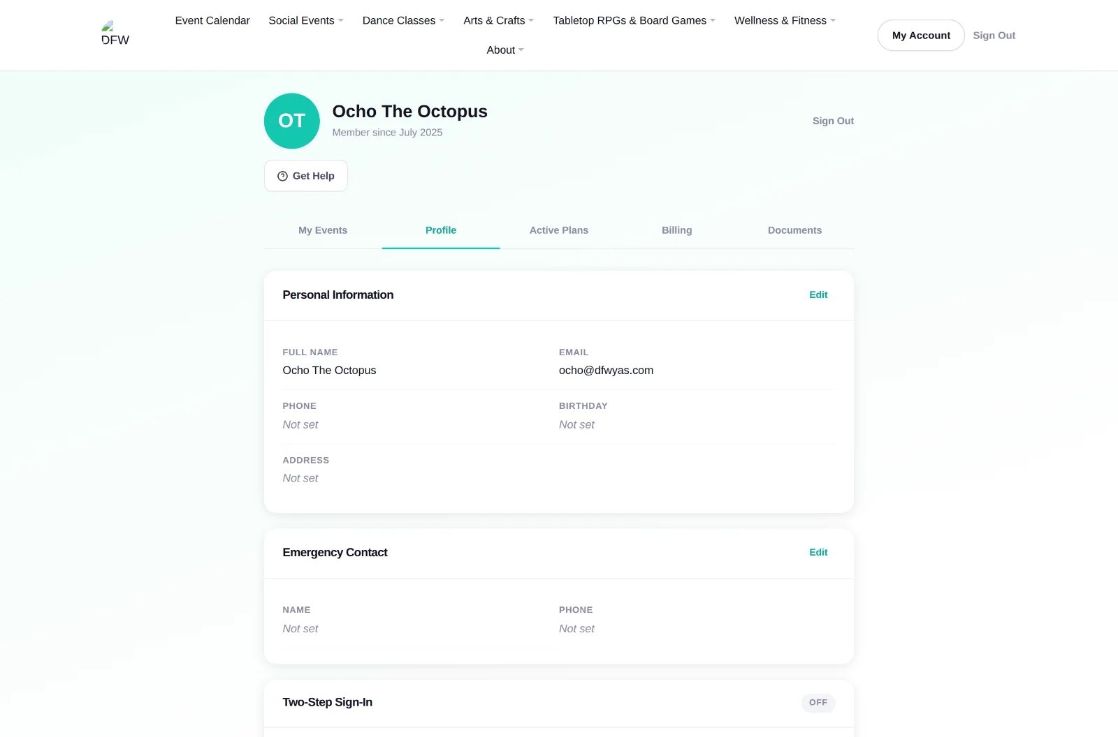 The Profile tab, with fields for name, email, password and the optional details.